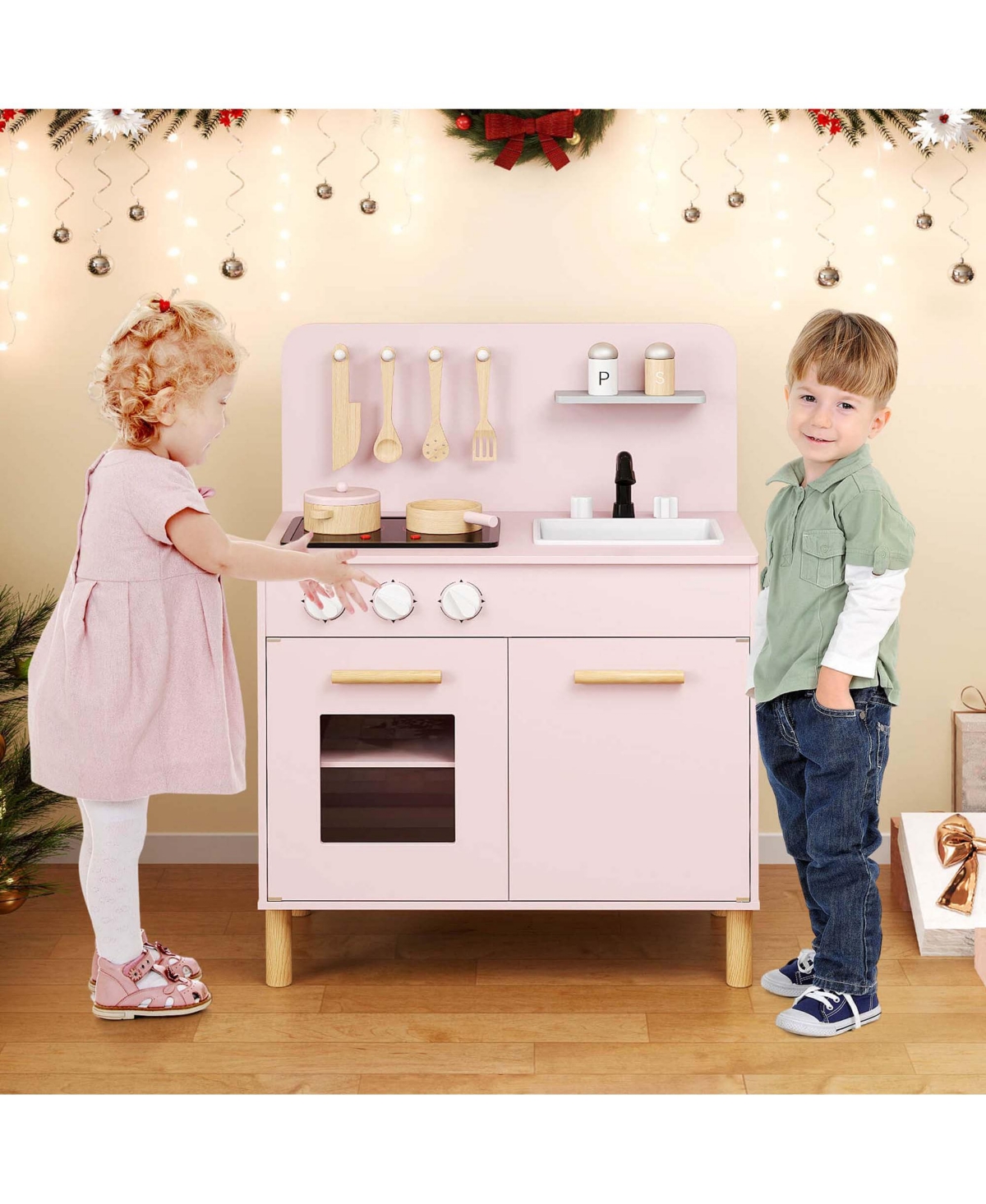 Costway Kids Kitchen Playset with Light up Stove & Cooking Sounds Oven Sink Faucet