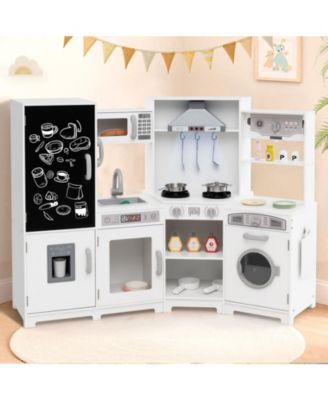 Wooden Corner Play Kitchen Set With Lights Sounds Ice Maker And Accessories