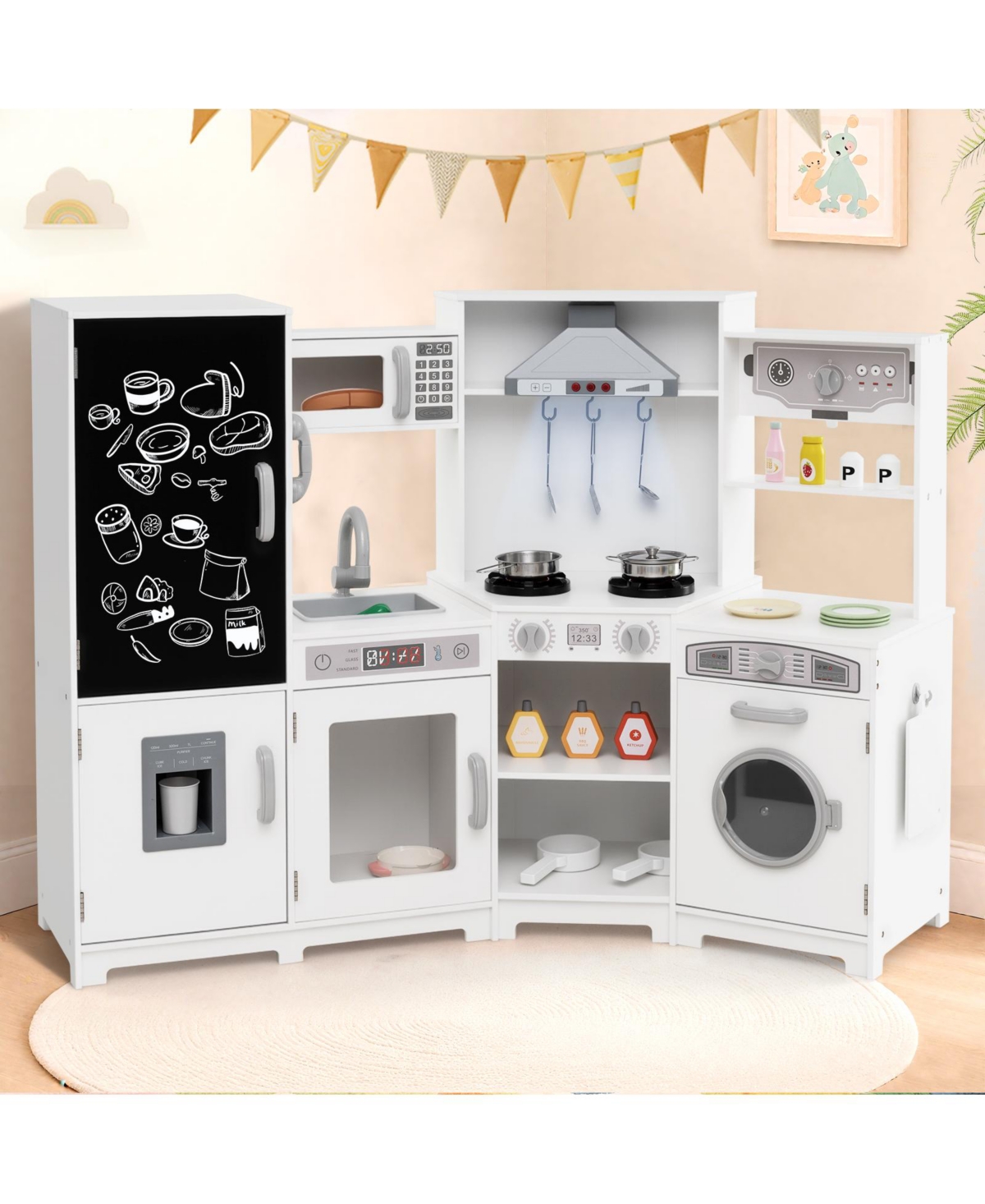 Hongge Wooden Corner Play Kitchen Set With Lights Sounds Ice Maker And Accessories