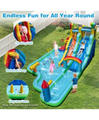 Inflatable Water Slide Park With Dual Slides Climbing Wall And Basketball Hoop