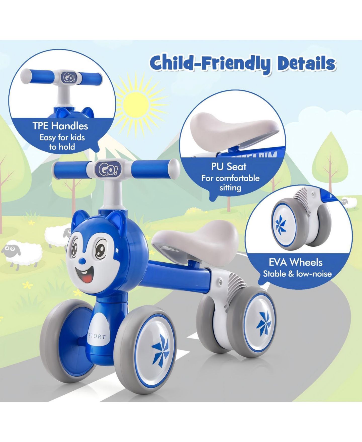 Детская игрушка HONGGE Toddler 4-Wheel Balance Bike Carbon Steel Frame, Ages 2+, цвет: Синий — фото 11