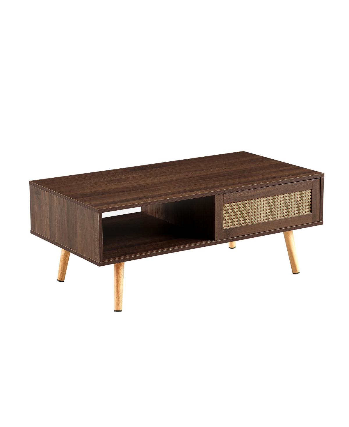 sumyeg Pe Rattan Coffee Table with Sliding Storage Door and Solid Wood Legs for Living Room