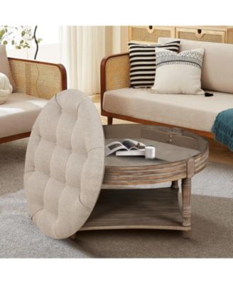 Farmhouse Round Ottoman Coffee Table with 2-Tier Storage and Waterproof Linen