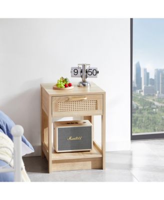 Modern Rattan End Table with Drawer Nightstand Side Table