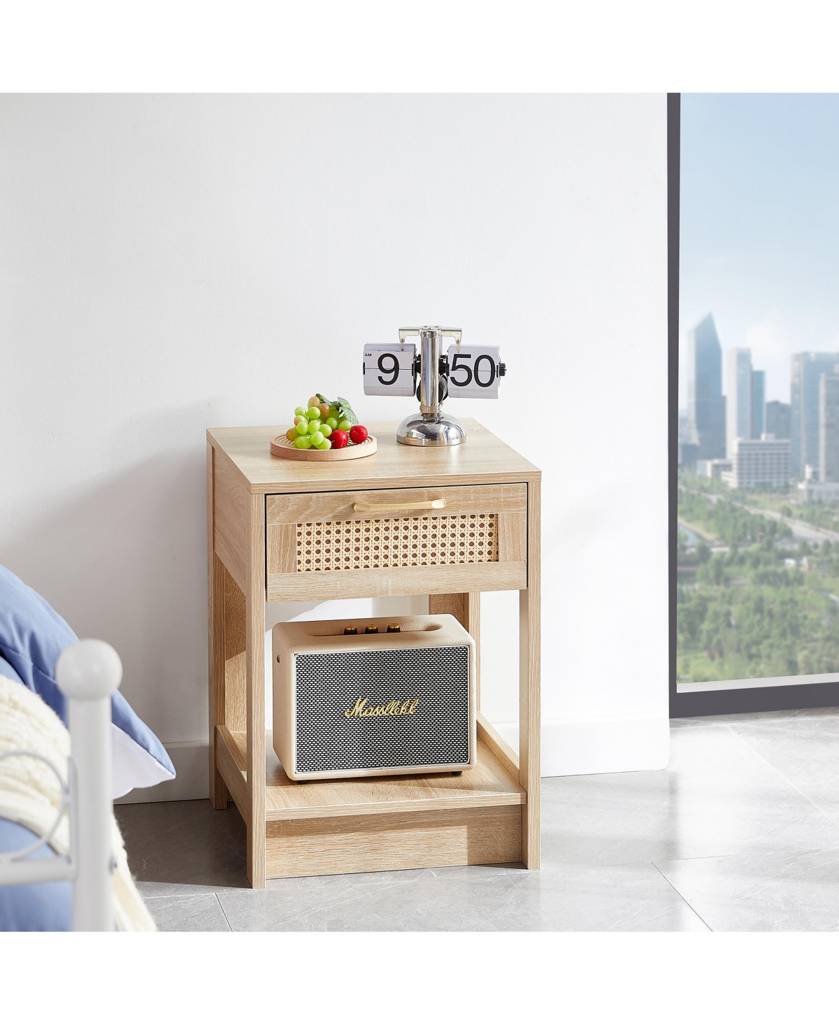 sumyeg Modern Rattan End Table with Drawer Nightstand Side