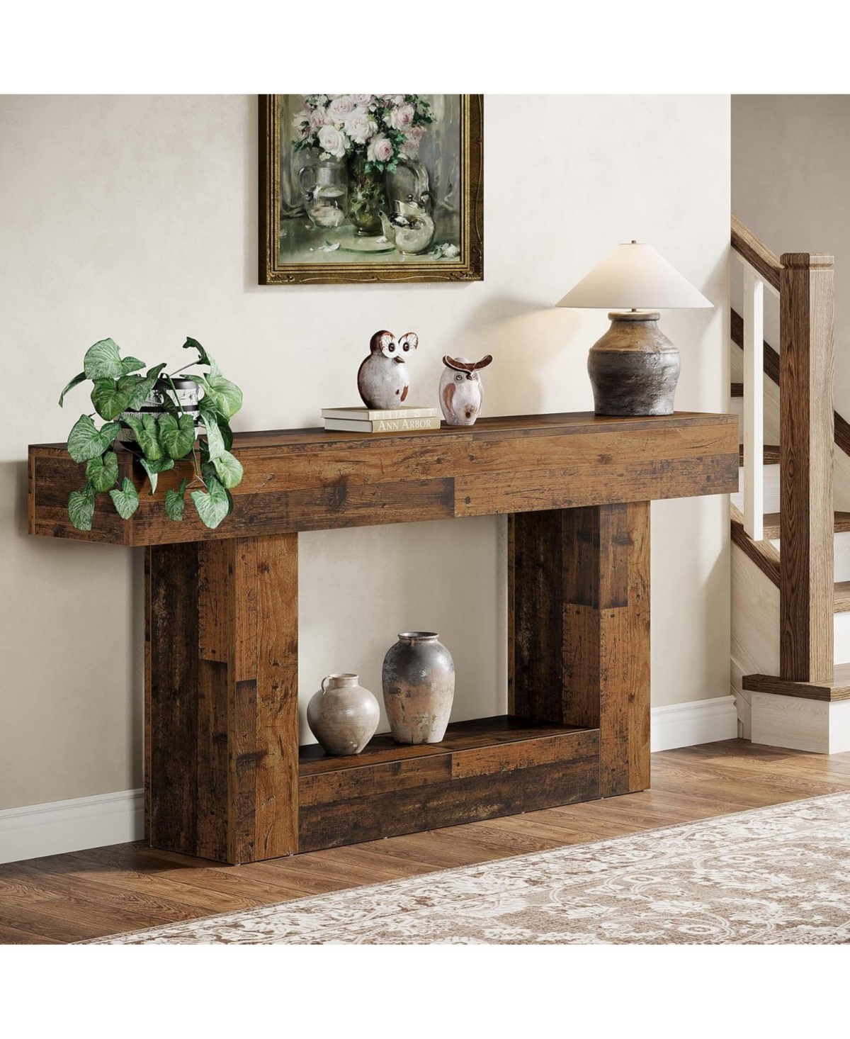 Tribesigns 63" Console Table, Farmhouse 2-Tier Entryway Table with U-Shaped Base, Mix Brown