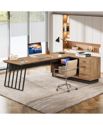 71-Inch Executive Desk, L-Shaped Desk with Cabinet, Large Office Desk with Drawers and Storage Shelves