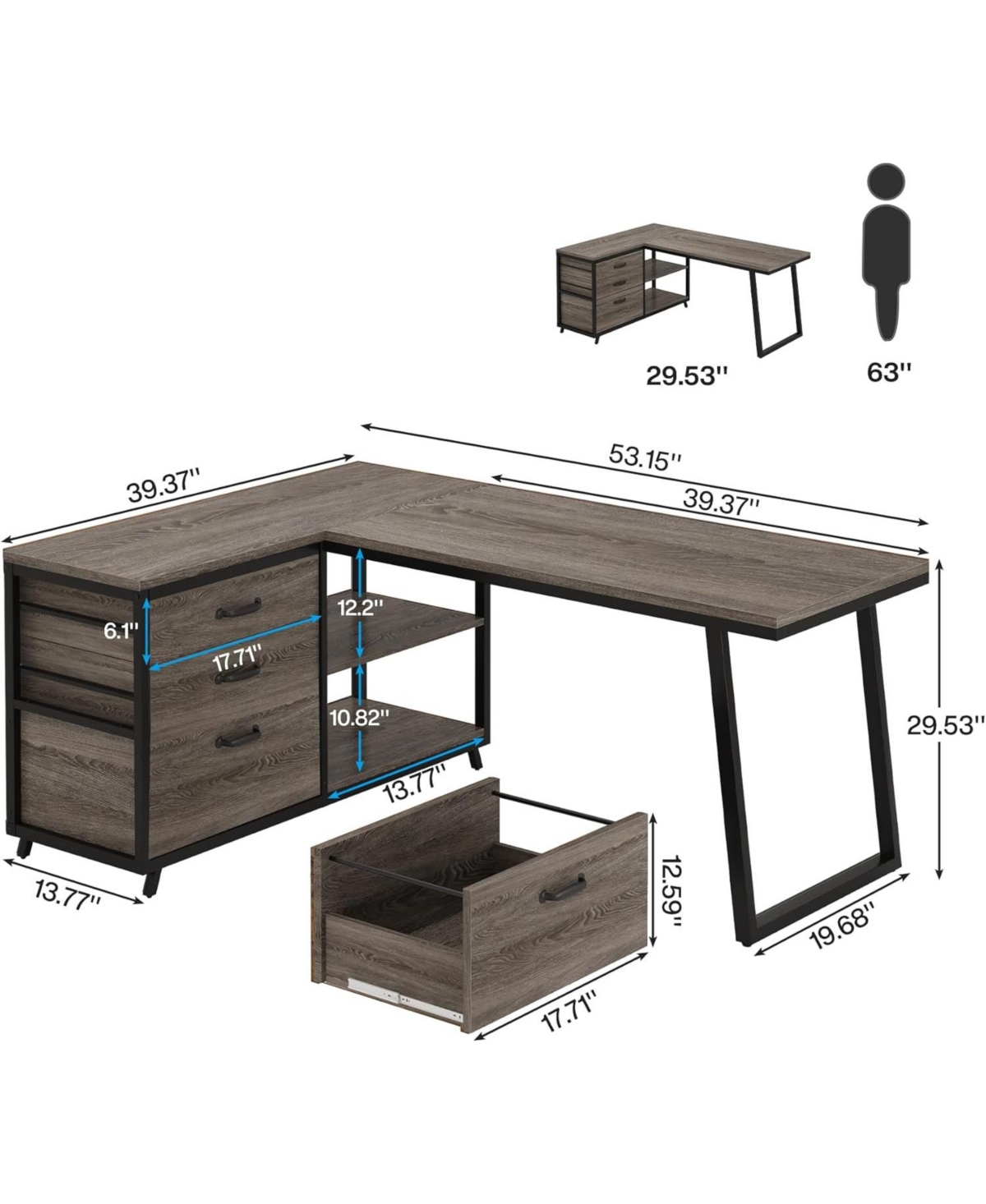 Tribesigns L-Shaped Desk with 3 Drawers, Reversible Corner Home Office Computer Desk with Shelves