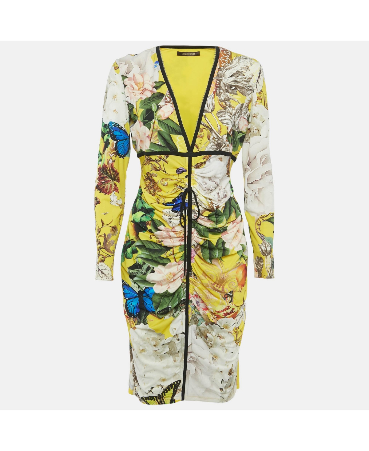 Pre-Owned Roberto Cavalli Women's Yellow Floral Print Jersey Ruched Detail Short Dress