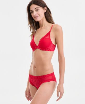  Women's Feathers Lace Contour Underwire Plunge Bra & Low-Rise Sheer Hipster Underwear