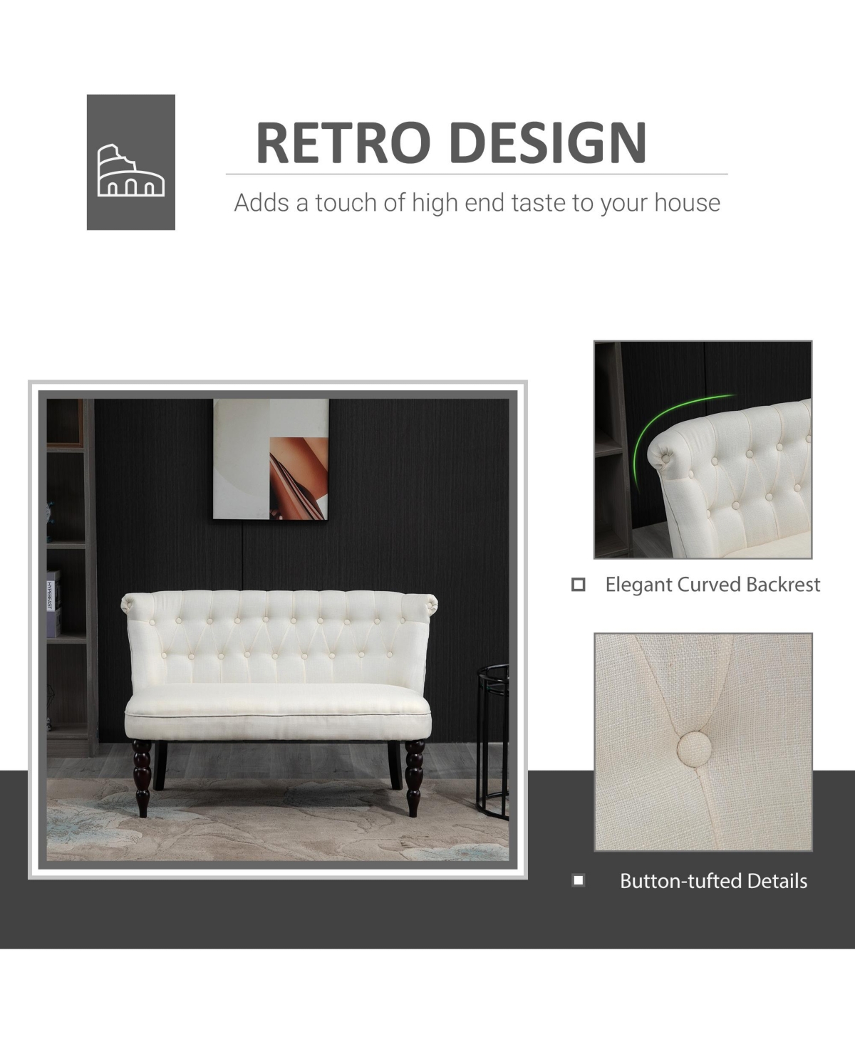 Homcom Upholstered Armless Fabric Loveseat with Button Tufted Design for Living Room with Wood Legs, Cream White