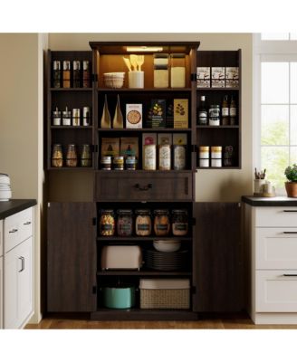 Farmhouse Kitchen Pantry Cabinet with Light, Storage Cabinet