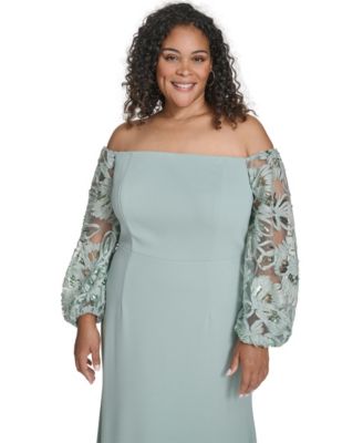 Plus Size Floral-Sleeve Long Gown