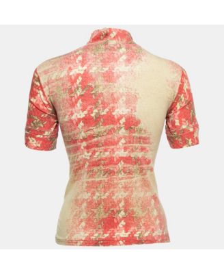 Women's Red/beige Floral Print Modal Jersey High Neck Top