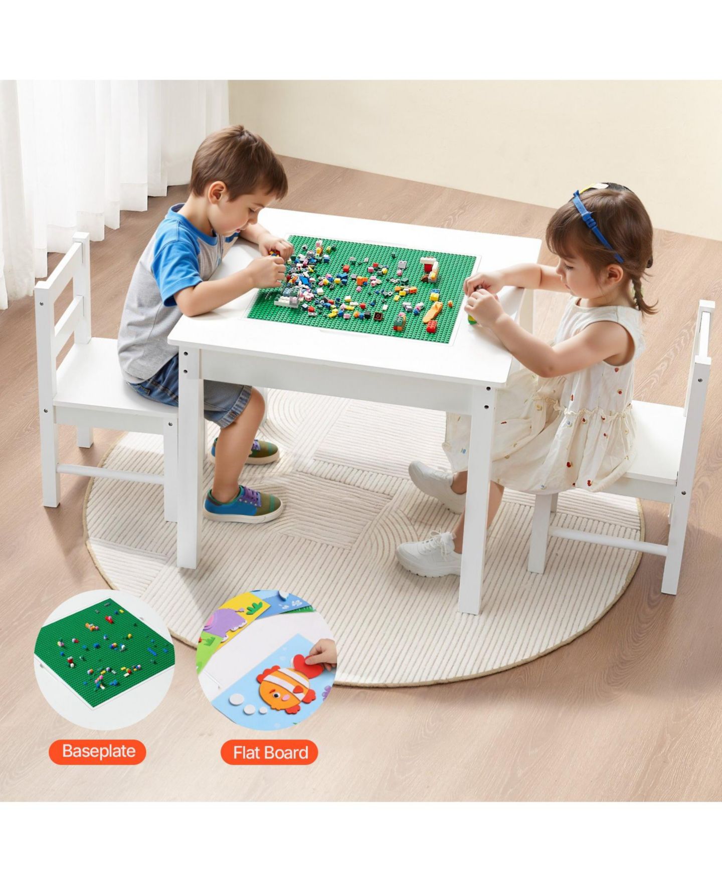 Детская игрушка HONGGE Kids Reversible Block-Compatible Activity Table With 2 Chairs, Ages 3+, цвет: Белый — фото 6