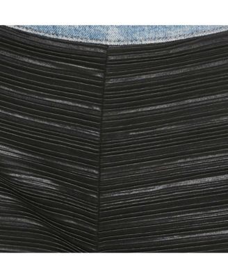 Black Denim Trim Stretch Crepe Pleated Pants