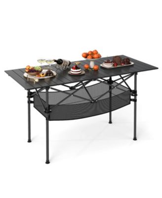 Patio Folding Camping Table with Aluminum Roll-up Tabletop & Mesh Basket
