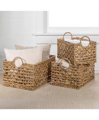 Quinn Bohemian Cottage Woven Hyacinth Rectangular Storage Baskets with Handles, Set of 3