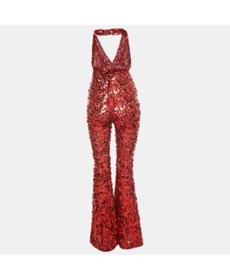 Red Sequin Tulle Halter Neck Jumpsuit