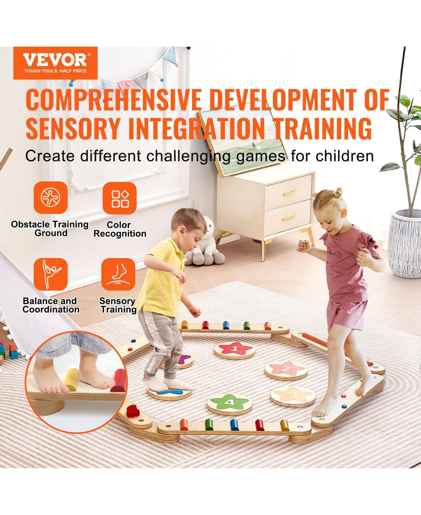 Детские игрушки HONGGE Kids Wooden Balance Beam and Stepping Stones Obstacle Course Set, 6-Piece, Ages 2+ — фото 5