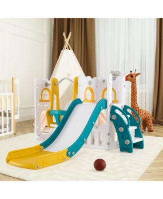 7 in 1 L Shaped Toddler Slide and Swing Set with Basketball Hoop Climber and Storage
