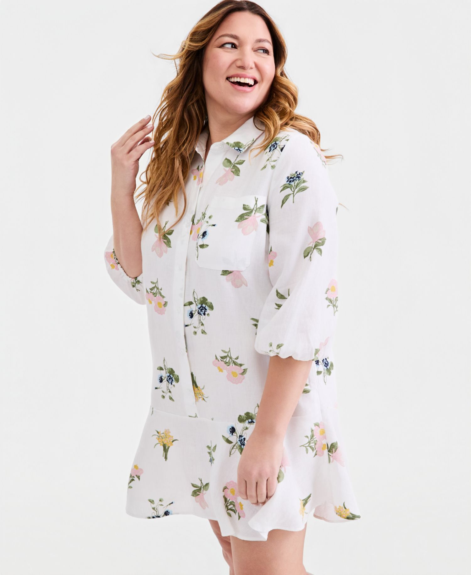 Plus Size 100% Linen Collared Flounce Dress