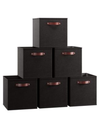 6 Pack Linen Fabric Kallax Storage Cube Bin with Faux Leather Handles