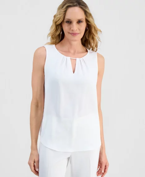 Women's Sleeveless Keyhole-Neck Top with Pearl Detail, Regular & Petite - Lily White
