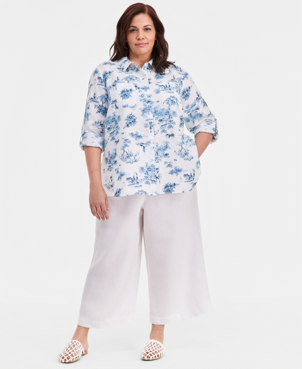 Charter Club Plus 100% Linen Printed Roll-Tab Shirt, Macy's Exclusive