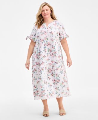 Plus Size Linen Tie-Sleeve Tiered Dress