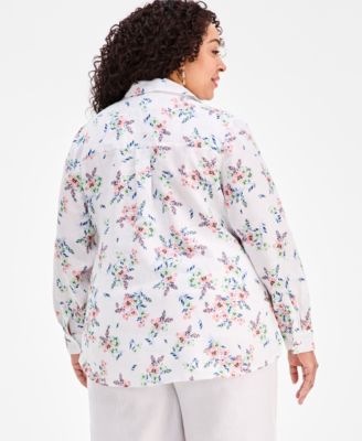 Plus Size Garden Button-Front Double Pocket Linen Shirt