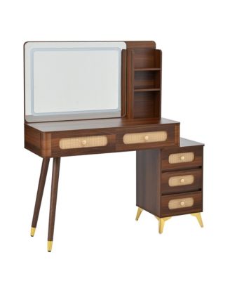 47" Vintage Makeup Vanity with Mirror and Lights, Makeup Vanity Desk with 5 Drawers and Storage Shelf, Rattan Drawer Design