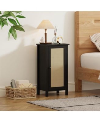 Bamboo Storage Cabinet with Woven Rattan Door, 2-Tier Space-Saving Freestanding Organizer, Natural Finish Nightstand/Side Table, Natural Color