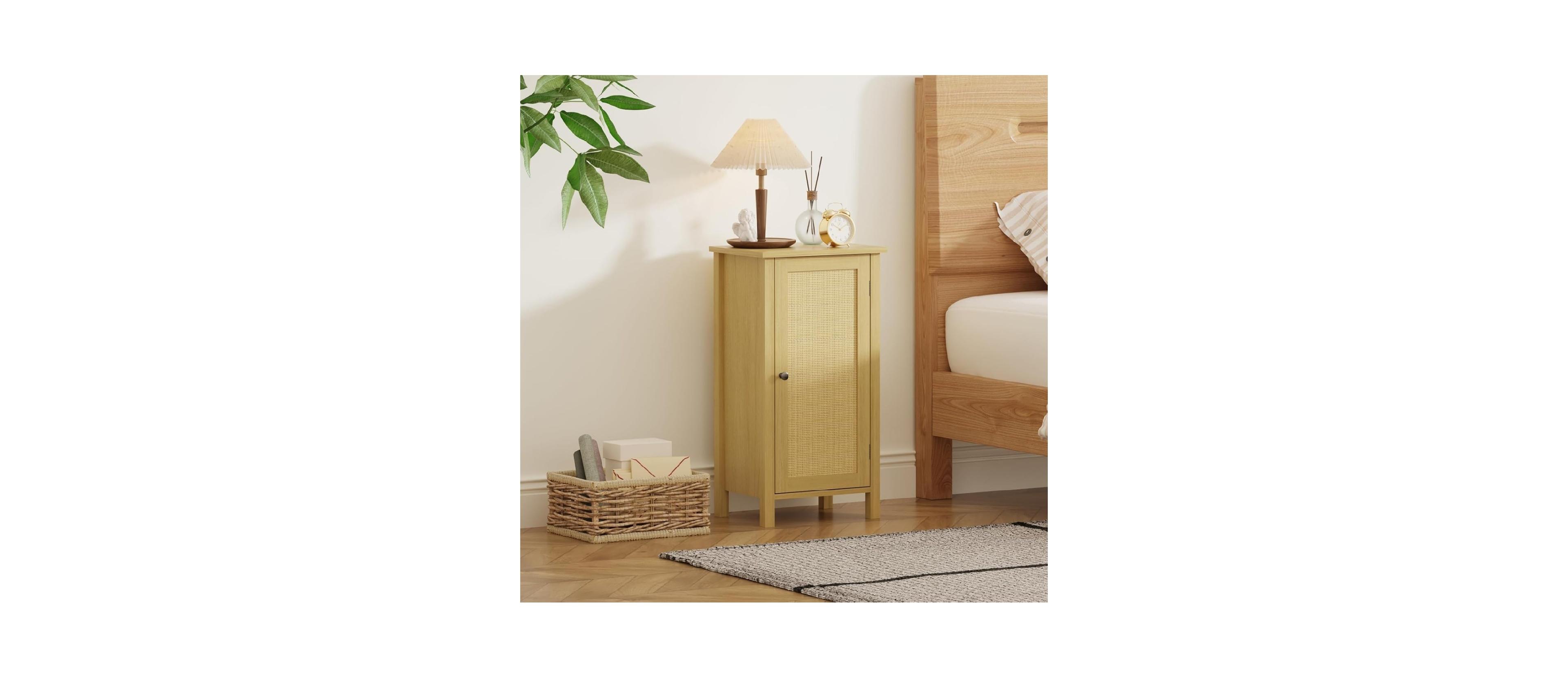 gaomon Bamboo Storage Cabinet with Woven Rattan Door, 2-Tier Space-Saving Freestanding Organizer, Natural Finish Nightstand/Side Table, Natural Color