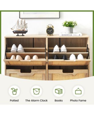 Hidden Rattan Shoe Cabinet with Drawer/ 4 Flip Doors Narrow Shoe Storage,Shoe Organizer