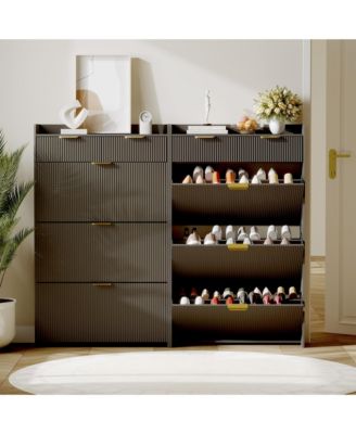 Modern Fluted Shoe Cabinet with 3 Flip Drawers, Slim Shoe Storage Organizer with 2 Drawers