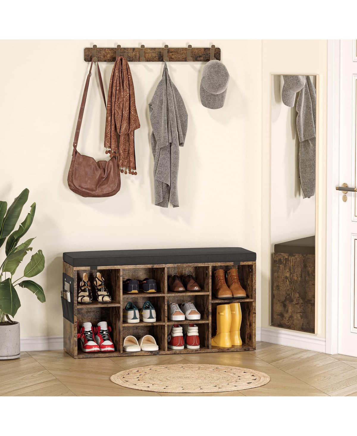 gaomon Shoe Storage Bench with Cushion, Cubby Shoe Rack with Adjustable Shelves, Shoe Organizer Cabinet for Entryway, Bedroom, Living Room, Hallway