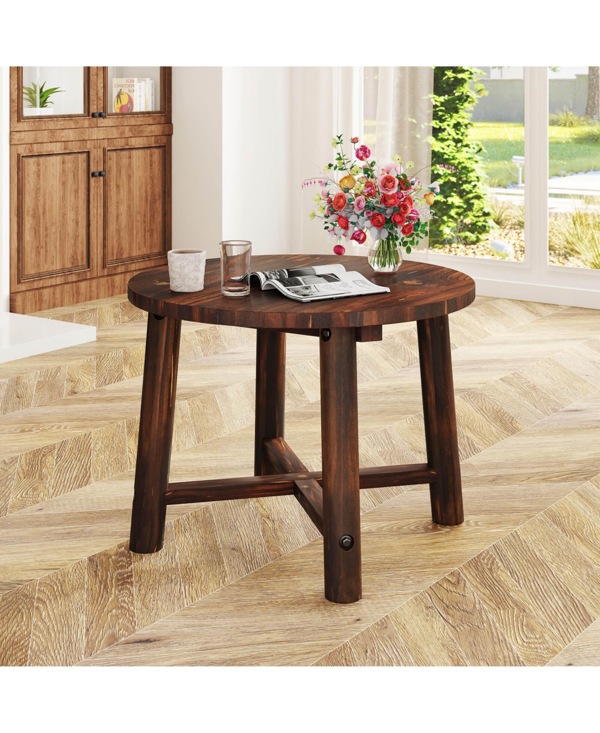 Costway Outdoor Side Table with Solid Wood Structure Small Round Coffee Table for Garden