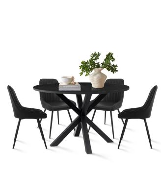 Modern 5-Piece Faux Leather Dining Set, Round Black Table with Metal Base and PU Chairs