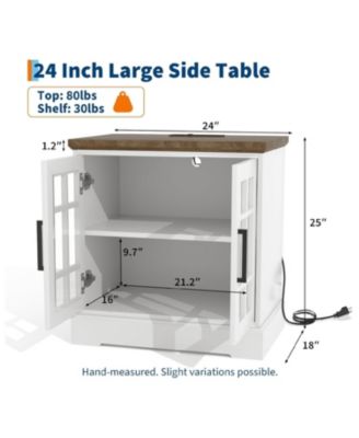 Farmhouse Nightstand with Charging Station, 24-Inch End Table with Tempered Glass Doors & Adjustable Shelf, Rustic Wood Sofa Side Table