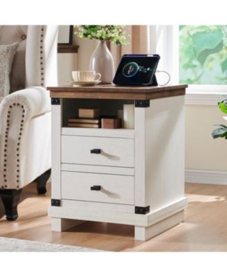Farmhouse Nightstand Set of 2 with Charging Station, 18" Rustic Night Stand with 2 Storage Drawers, Wood End Table