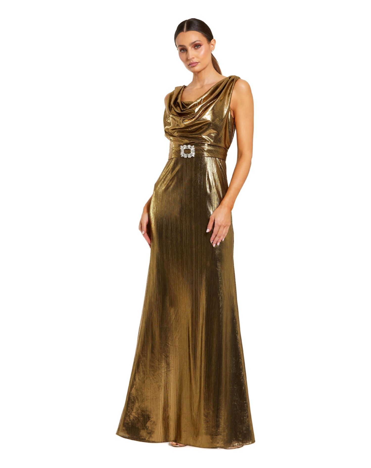 Women's Metallic Sleeveless Cowl Neck Trumpet Gown with Belt