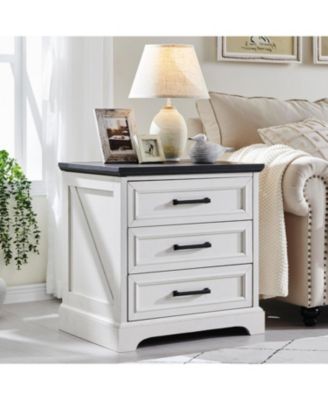 Farmhouse Nightstand Set of 2 with Charging Station,Rustic Wood Small Dresser, Off White