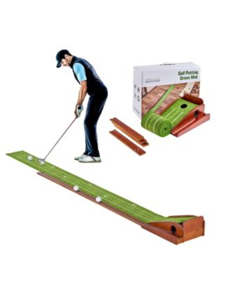 Golf Putting Mat Indoor 1-Hole Green with Ball Return and Wood Base