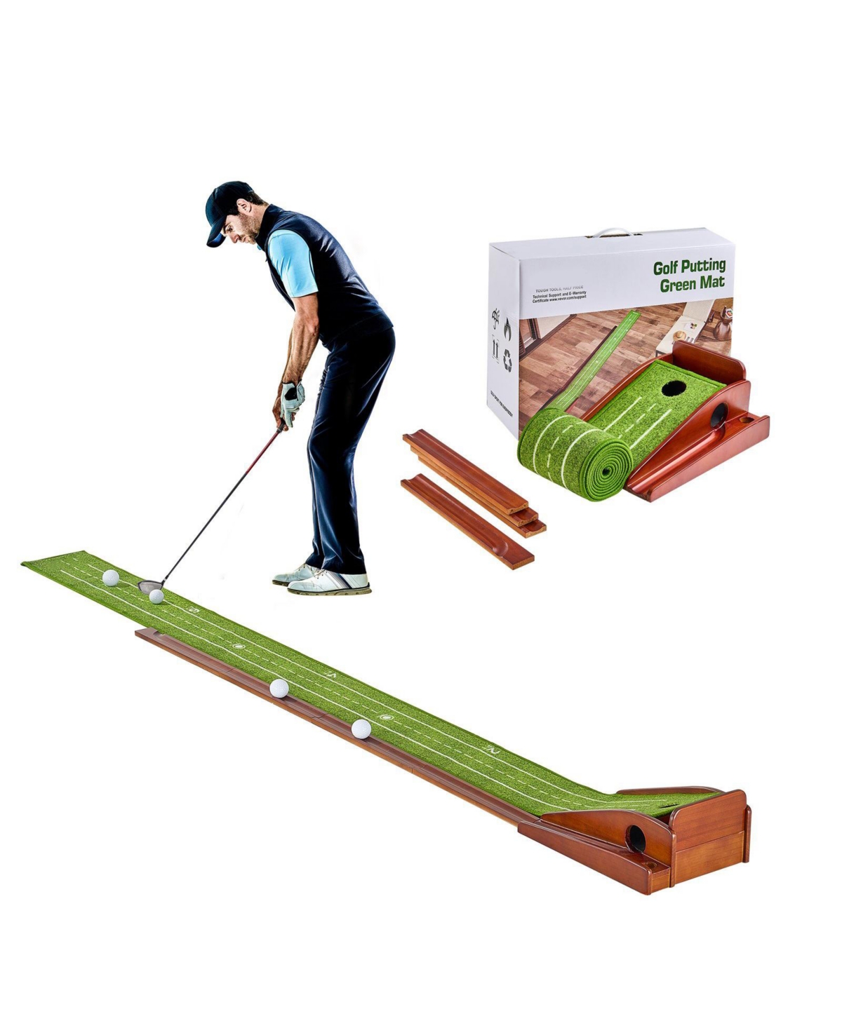 Sugift Golf Putting Mat Indoor 1-Hole Green with Ball Return and Wood Base