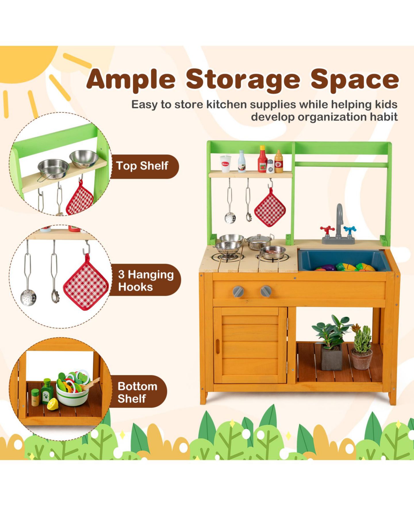 Детский игровой набор HONGGE Outdoor Wooden Mud Kitchen Playset With Sink and Stove, Ages 3+, цвет: Натуральный — фото 8