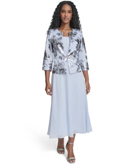 Petite 2-Pc. Printed Jacket & Midi Dress Set - Sky