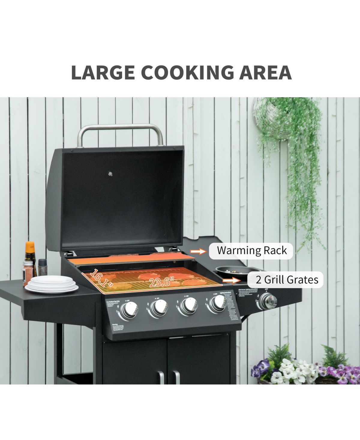 Outsunny 4 Burner Propane Gas Grill with Side Burner,