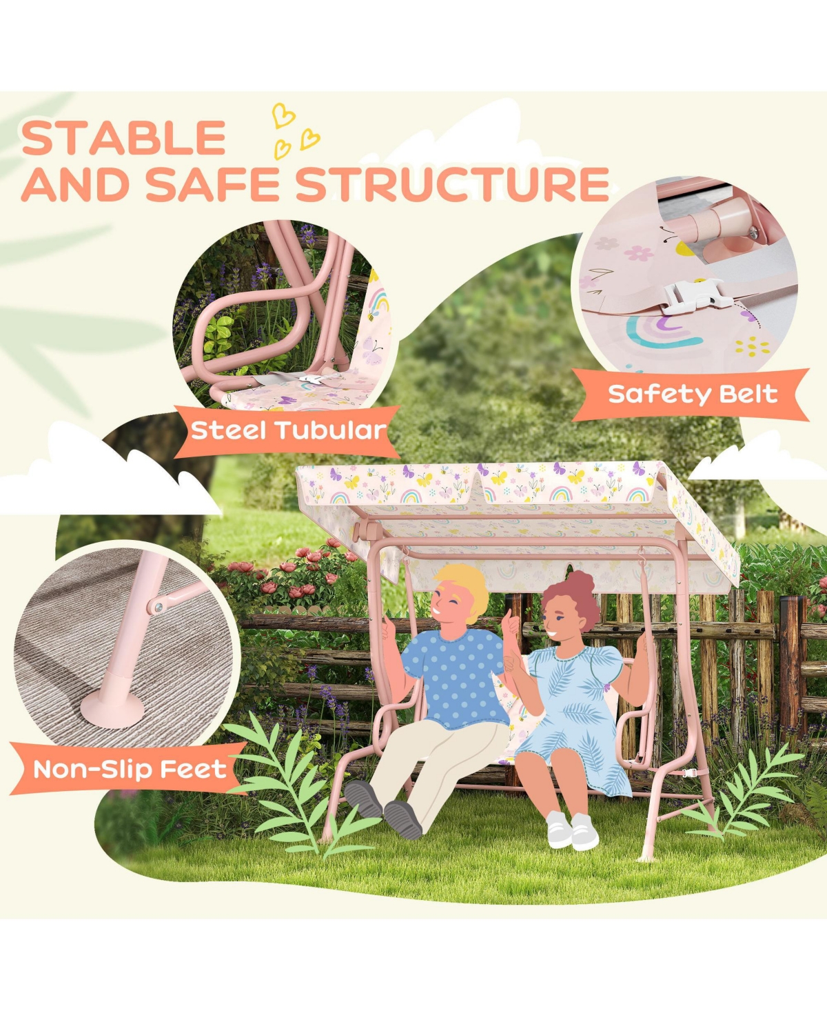 Qaba Kids Patio Swing, 2-Seater Outdoor Porch Swing Chair,