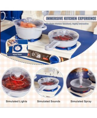 Kids Kitchen Playset, 3-in-1 Kitchen with Spray, Lights & Sounds, 74 PCS Cooking Accessories, Pretend Play Set for Kids 3–8, Blue